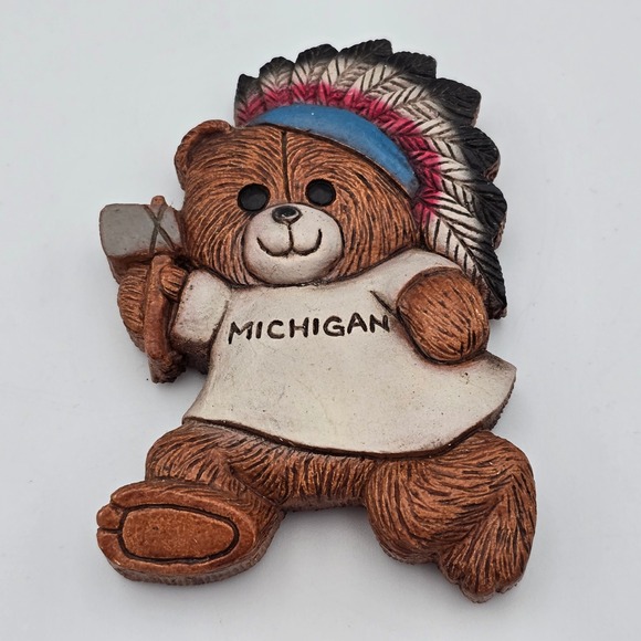 Other - Michigan Souvenir Bear Magnet Feather Headdress Resin Wood Look Character